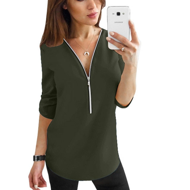 Zipper Short Sleeve Women Shirts Sexy V Neck Solid Womens Tops And Blouses Casual Tee Shirts Tops Female Clothes Plus Size 5XL