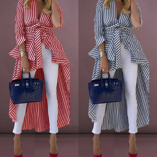 High Street Women Stripe Shirts Long Sleeve V-neck Loose Tops Blouse Striped Tied Front Dip Hem Shirt With Belt Long Shirts