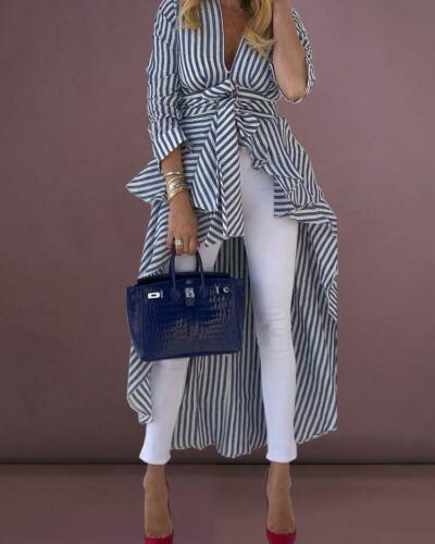 High Street Women Stripe Shirts Long Sleeve V-neck Loose Tops Blouse Striped Tied Front Dip Hem Shirt With Belt Long Shirts