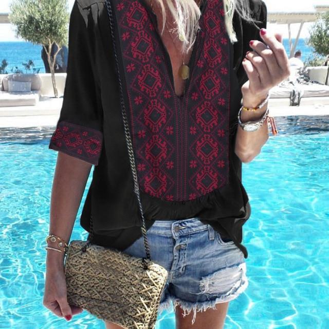 JODIMITTY 2020 Women Ethnic Style Bohemian Blouse Shirt Sexy V Neck Beach Blusas Summer Casual printed Boho Blouses 4XL 5XL