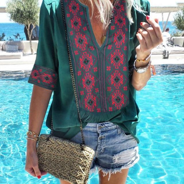 JODIMITTY 2020 Women Ethnic Style Bohemian Blouse Shirt Sexy V Neck Beach Blusas Summer Casual printed Boho Blouses 4XL 5XL