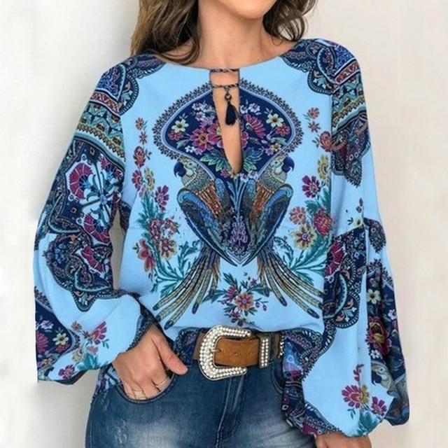 JODIMITTY 2020 Women Ethnic Style Bohemian Blouse Shirt Sexy V Neck Beach Blusas Summer Casual printed Boho Blouses 4XL 5XL