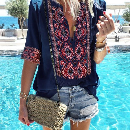 JODIMITTY 2020 Women Ethnic Style Bohemian Blouse Shirt Sexy V Neck Beach Blusas Summer Casual printed Boho Blouses 4XL 5XL