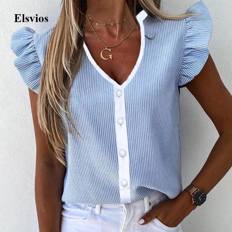 Elegant Striped Print Women Blouse Shirt Casual Summer Butterfly Short Sleeve Shirts 2020 Office Lady Ruffle O Neck Tops Blusa