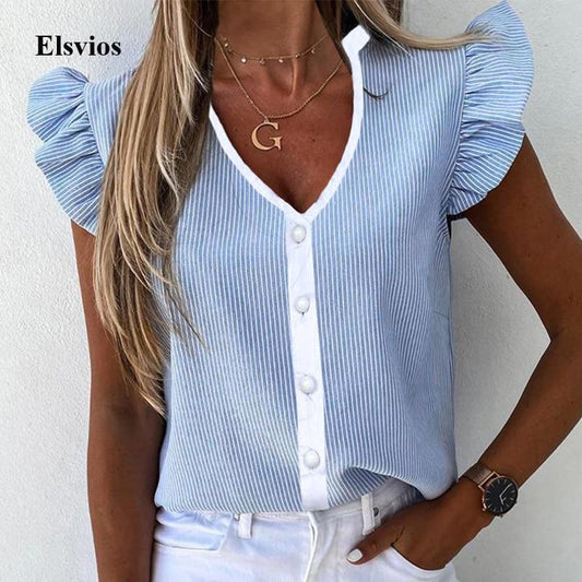 Elegant Striped Print Women Blouse Shirt Casual Summer Butterfly Short Sleeve Shirts 2020 Office Lady Ruffle O Neck Tops Blusa