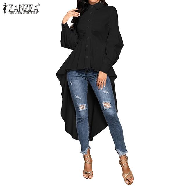 Fashion Women Ruffles Hem Blouse ZANZEA Elegant Lapel Neck Swallowtail Shirts Solid Long Sleeve High Waist Tops Irregular Blusas