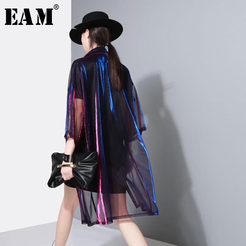 [EAM] 2020 New Spring Summer Lapel Three-quarter Sleeve Green Shing Perspective Loose Big Size Shirt Women Blouse Fashion JU180