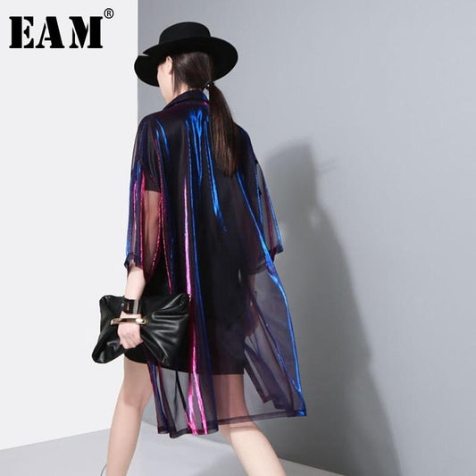 [EAM] 2020 New Spring Summer Lapel Three-quarter Sleeve Green Shing Perspective Loose Big Size Shirt Women Blouse Fashion JU180