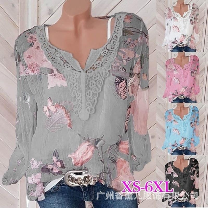 Large size lace loose women blouses 2020 summer blouse top casual fashion v-neck long sleeve printed women's chiffon shirt