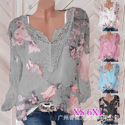 Large size lace loose women blouses 2020 summer blouse top casual fashion v-neck long sleeve printed women's chiffon shirt