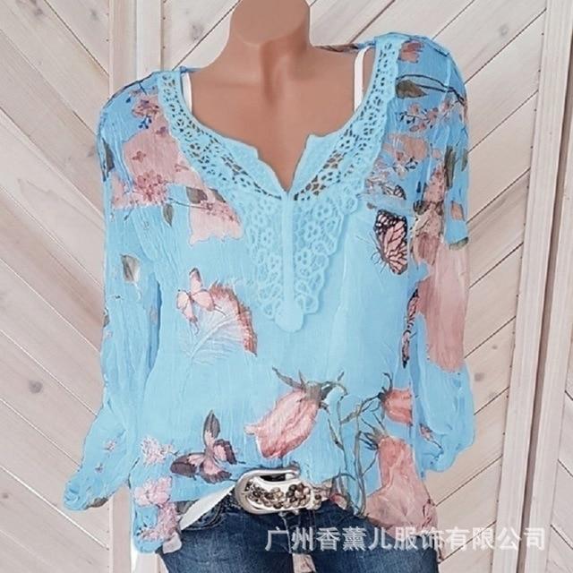 Large size lace loose women blouses 2020 summer blouse top casual fashion v-neck long sleeve printed women's chiffon shirt