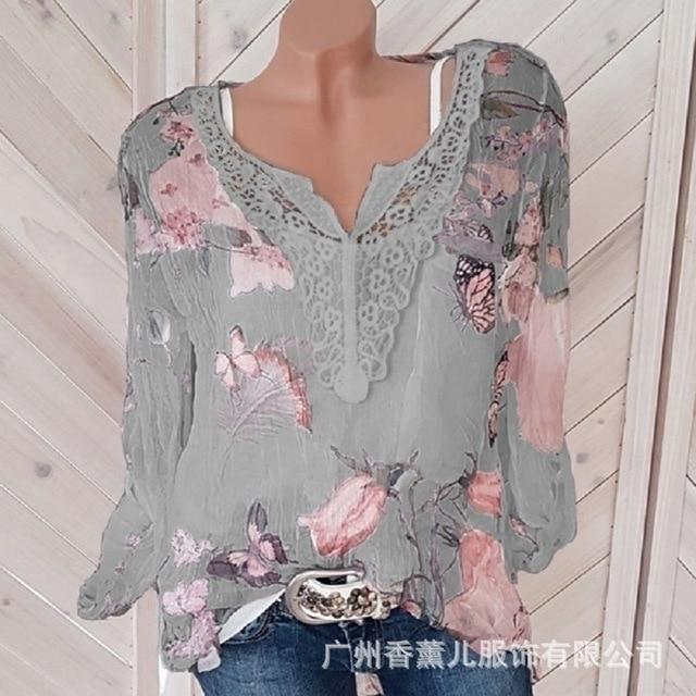 Large size lace loose women blouses 2020 summer blouse top casual fashion v-neck long sleeve printed women's chiffon shirt