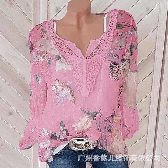 Large size lace loose women blouses 2020 summer blouse top casual fashion v-neck long sleeve printed women's chiffon shirt