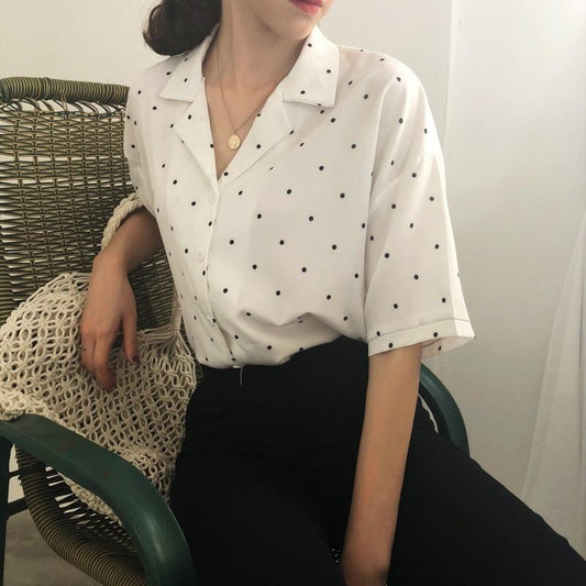 Fashion Women Polka Dot Summer Short Sleeve Blouse Women's Turn Down Collar Casual Short Tops