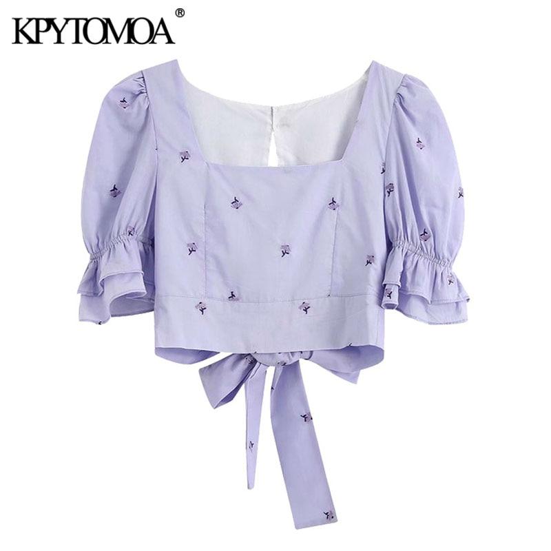 KPYTOMOA Women 2020 Sweet Fashion Floral Embroidery Cropped Blouses Vintage Pull Sleeves Back Bow Tie Female Shirts Chic Tops
