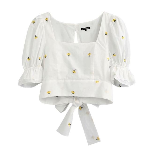 KPYTOMOA Women 2020 Sweet Fashion Floral Embroidery Cropped Blouses Vintage Pull Sleeves Back Bow Tie Female Shirts Chic Tops