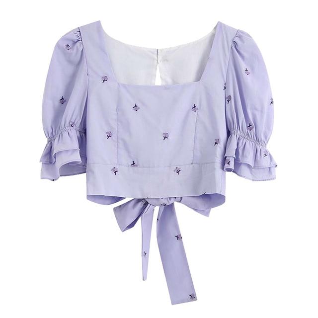 KPYTOMOA Women 2020 Sweet Fashion Floral Embroidery Cropped Blouses Vintage Pull Sleeves Back Bow Tie Female Shirts Chic Tops
