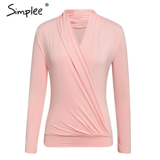 Simplee V neck office ladies blouses shirts Long sleeve autumn winter female white tops Sexy party club slim women blouse 2019