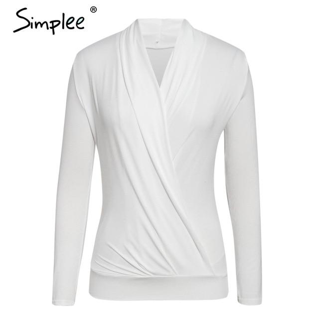 Simplee V neck office ladies blouses shirts Long sleeve autumn winter female white tops Sexy party club slim women blouse 2019