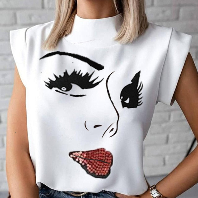 Elegant Lips Eyes Print Blouse Shirts Women O Neck Short Sleeve Basic Top 2020 Summer Casual Streetwear Shirt Pullover Feminine