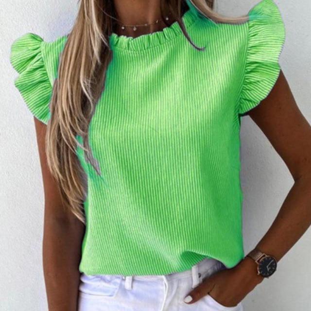 Elegant Striped Print Women Blouse Shirt Casual Summer Butterfly Short Sleeve Shirts 2020 Office Lady Ruffle O Neck Tops Blusa