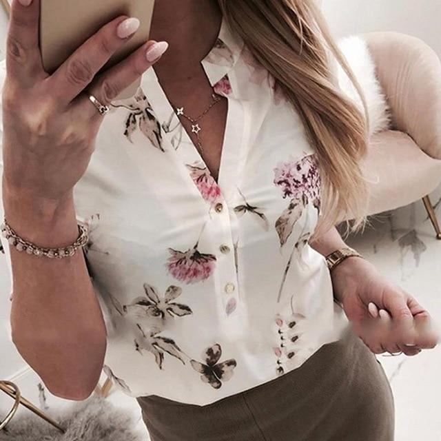 Women Chains Print Leisure Top Elegant 2020 Summer Adjustable Sleeve Button blouse shirt Office Lady Basic Blusas dropshipping