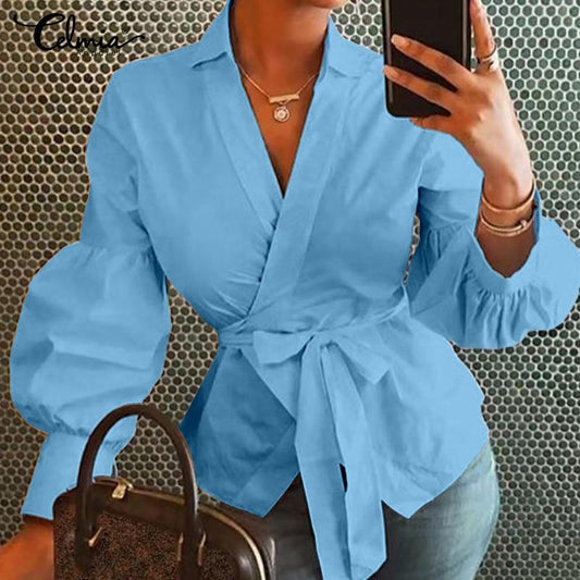 Women Tops and Blouses Celmia Autumn Lantern Sleeve Tunic Shirts Casual Loose V-Neck Ladies Blusas femininas Belted Plus Size