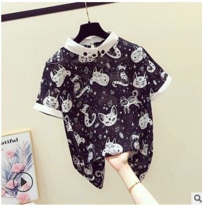 Cat Print Summer New Slim Top Vintage White Black Chiffon Shirt Women Blouses Casual Short Sleeve White Tops Blusas Mujer