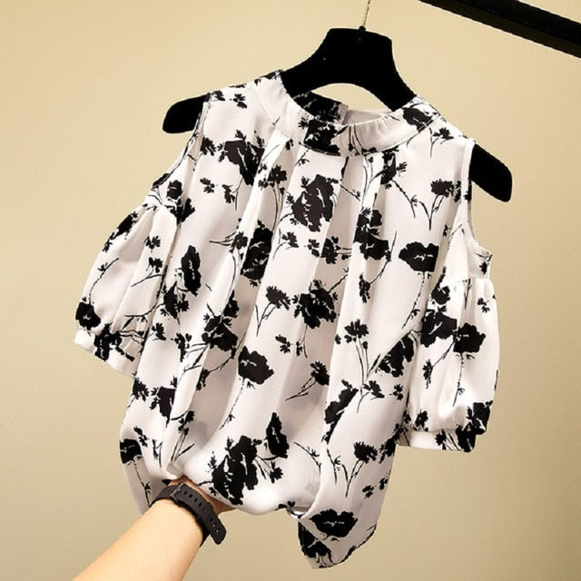 Cat Print Summer New Slim Top Vintage White Black Chiffon Shirt Women Blouses Casual Short Sleeve White Tops Blusas Mujer