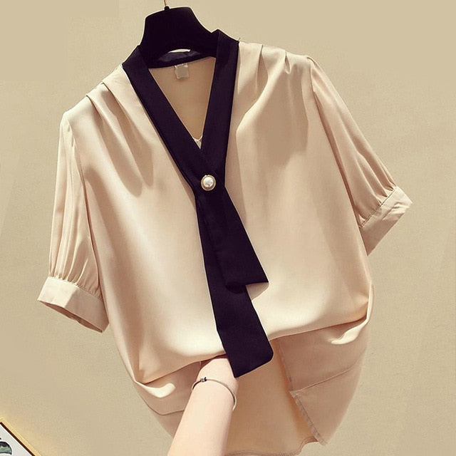 Cat Print Summer New Slim Top Vintage White Black Chiffon Shirt Women Blouses Casual Short Sleeve White Tops Blusas Mujer