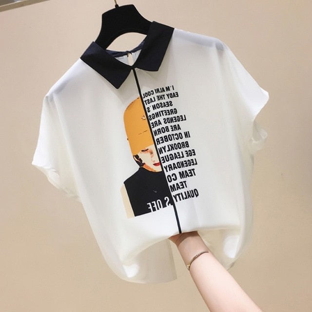 Cat Print Summer New Slim Top Vintage White Black Chiffon Shirt Women Blouses Casual Short Sleeve White Tops Blusas Mujer