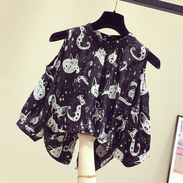 Cat Print Summer New Slim Top Vintage White Black Chiffon Shirt Women Blouses Casual Short Sleeve White Tops Blusas Mujer