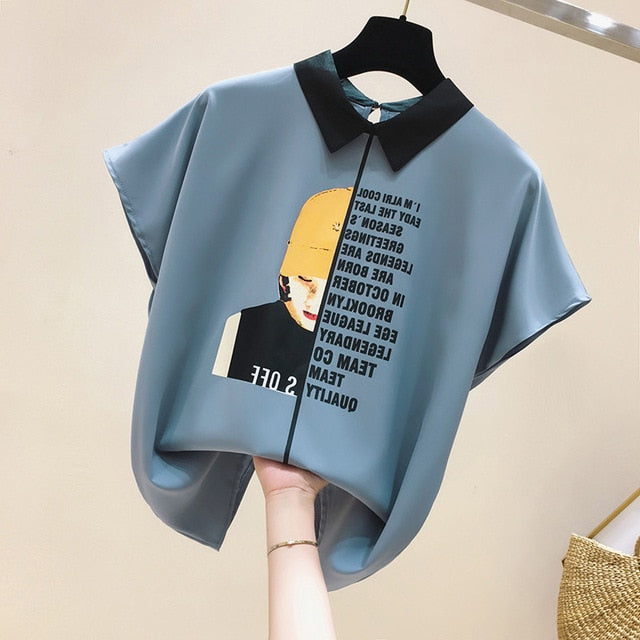 Cat Print Summer New Slim Top Vintage White Black Chiffon Shirt Women Blouses Casual Short Sleeve White Tops Blusas Mujer