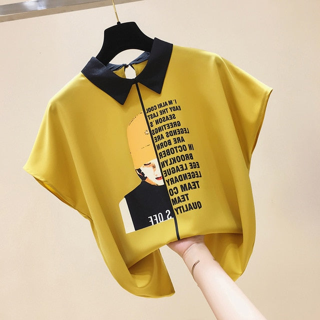 Cat Print Summer New Slim Top Vintage White Black Chiffon Shirt Women Blouses Casual Short Sleeve White Tops Blusas Mujer