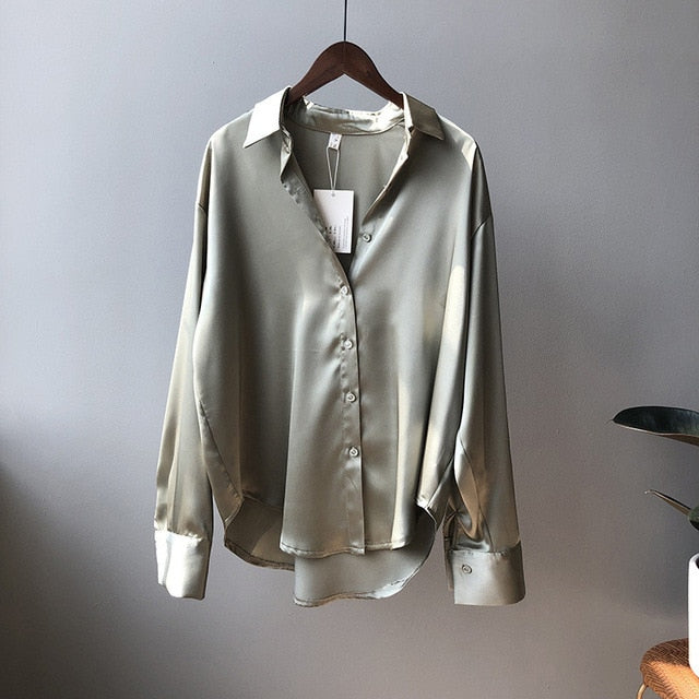 High quality Women Satin Blouse 2020 Summer Women Satin Blouses Shirt Office Long Sleeves Female Loose Street Shirts 0726