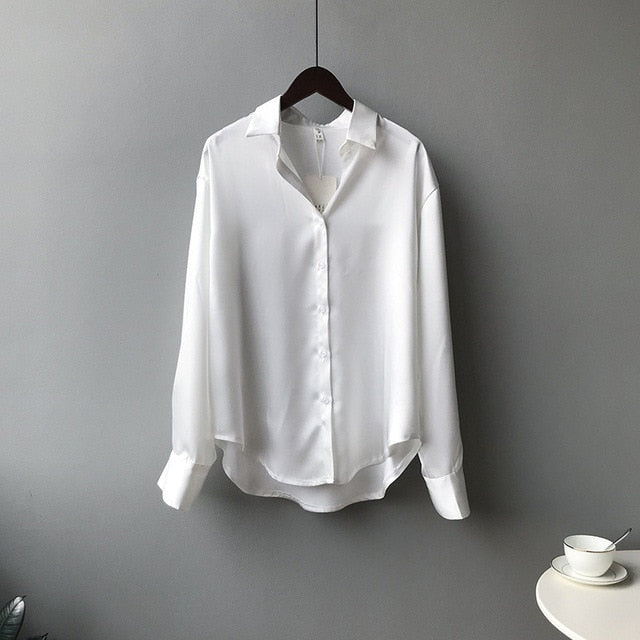 High quality Women Satin Blouse 2020 Summer Women Satin Blouses Shirt Office Long Sleeves Female Loose Street Shirts 0726