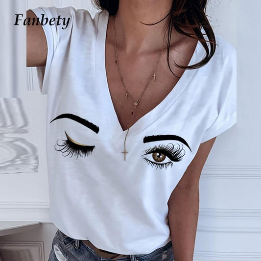 Women Elegant Short Sleeve Eyes Print blouse shirt 2020 Summer Sexy V-Neck pullover tops Ladies New 5XL Casual Loose basic blusa