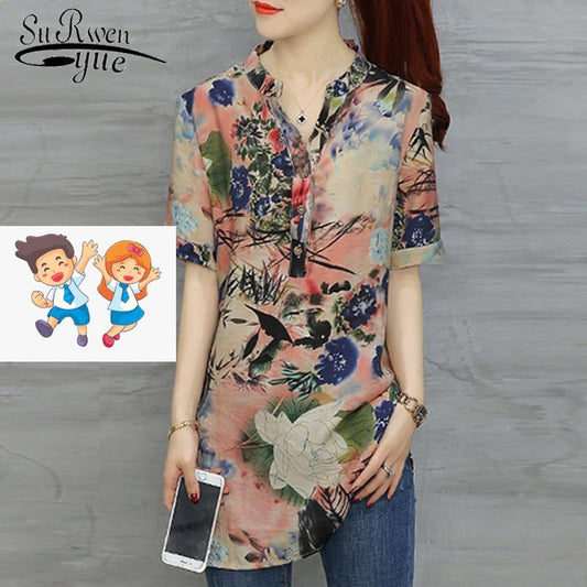 2020 fashion chiffon women's clothing short sleeve loose plus size women shirt blouse v-neck printing women tops blusas D532 30