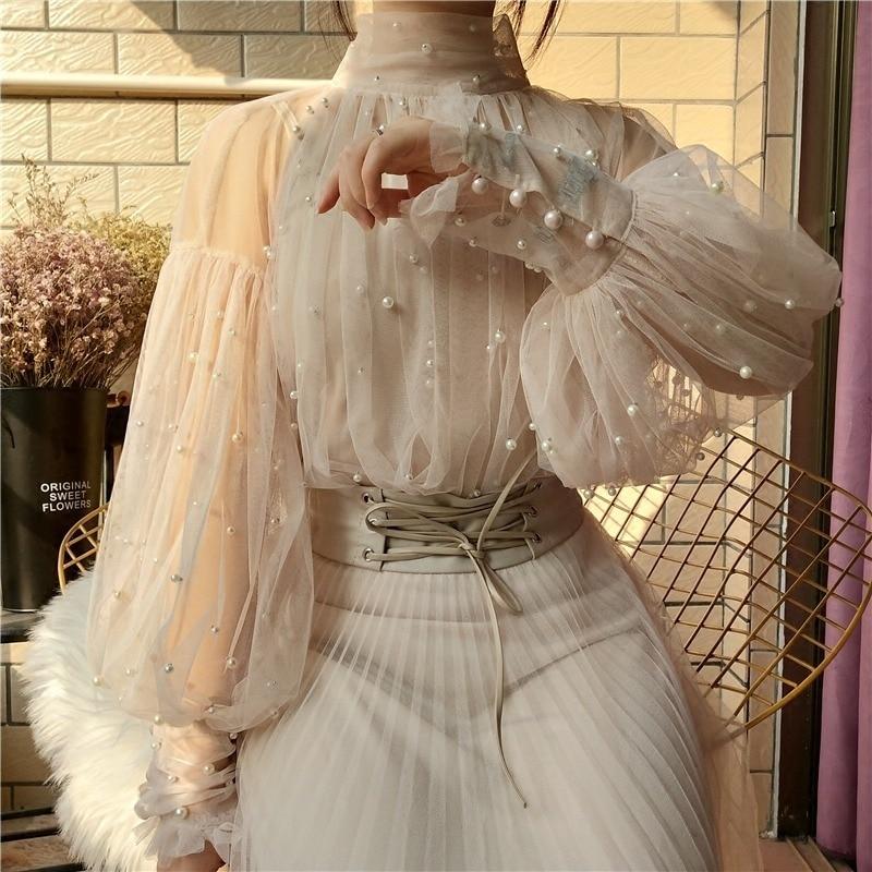 Spring Beading Mesh Blouses Women Sweet Lantern Sleeve Pearls Gauze Blouses Ladies Elegant Shirt Tops Stand Collar Chiffon S-2XL