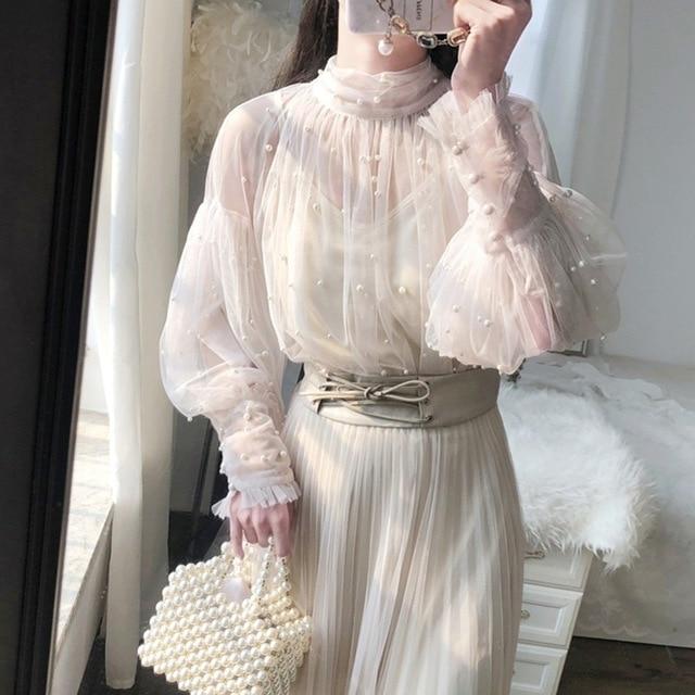 Spring Beading Mesh Blouses Women Sweet Lantern Sleeve Pearls Gauze Blouses Ladies Elegant Shirt Tops Stand Collar Chiffon S-2XL