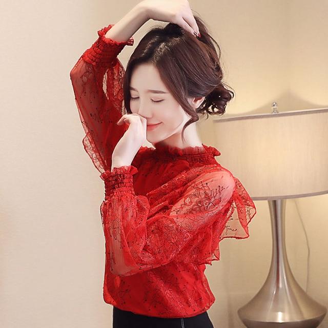 Spring Beading Mesh Blouses Women Sweet Lantern Sleeve Pearls Gauze Blouses Ladies Elegant Shirt Tops Stand Collar Chiffon S-2XL