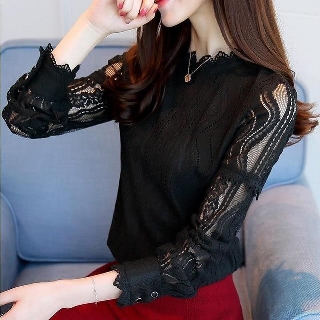Spring Beading Mesh Blouses Women Sweet Lantern Sleeve Pearls Gauze Blouses Ladies Elegant Shirt Tops Stand Collar Chiffon S-2XL