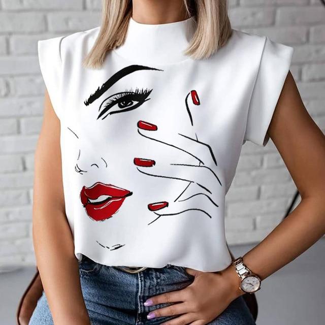 Women Elegant Chain Print blouse shirts New Summer Casual Stand Neck Pullovers tops Lady 2XL Fashion cute Eye Short Sleeve Blusa