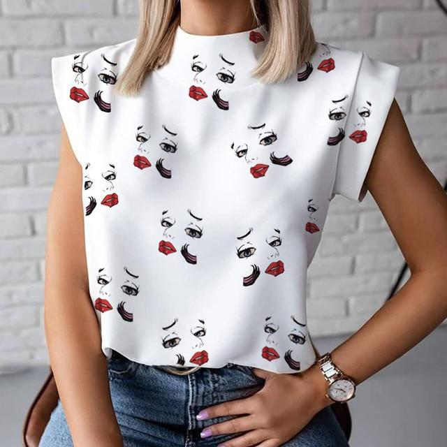 Women Elegant Chain Print blouse shirts New Summer Casual Stand Neck Pullovers tops Lady 2XL Fashion cute Eye Short Sleeve Blusa