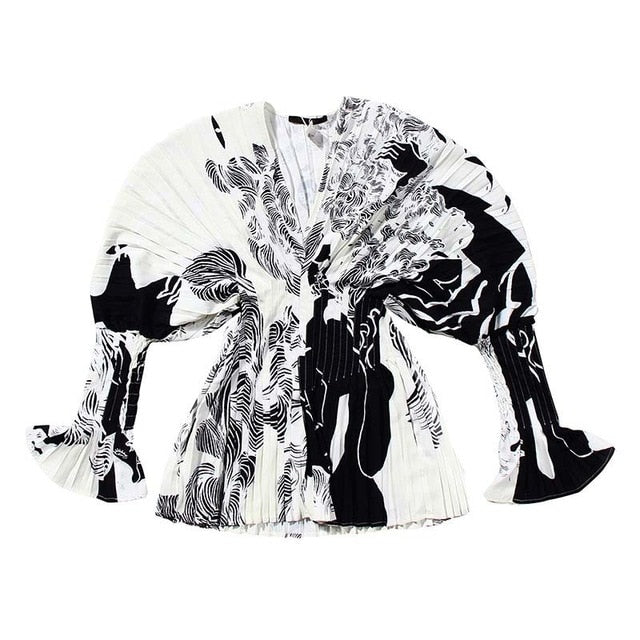 [EAM] Women White Pleated Split Big Size Long Blouse New V-collar Long Sleeve Loose Fit Shirt Fashion Spring Summer 2021 1W326