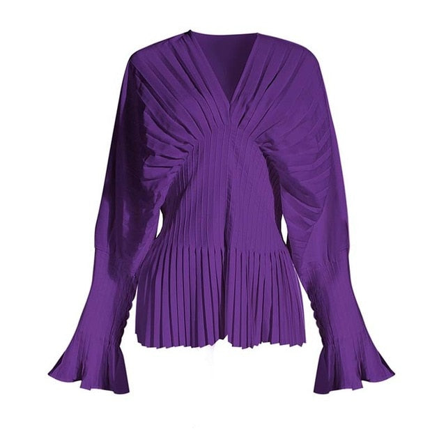 [EAM] Women White Pleated Split Big Size Long Blouse New V-collar Long Sleeve Loose Fit Shirt Fashion Spring Summer 2021 1W326