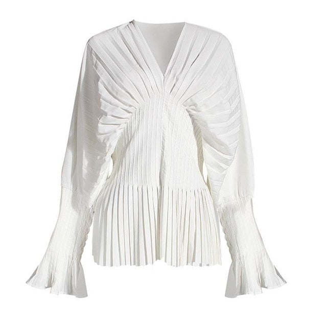 [EAM] Women White Pleated Split Big Size Long Blouse New V-collar Long Sleeve Loose Fit Shirt Fashion Spring Summer 2021 1W326