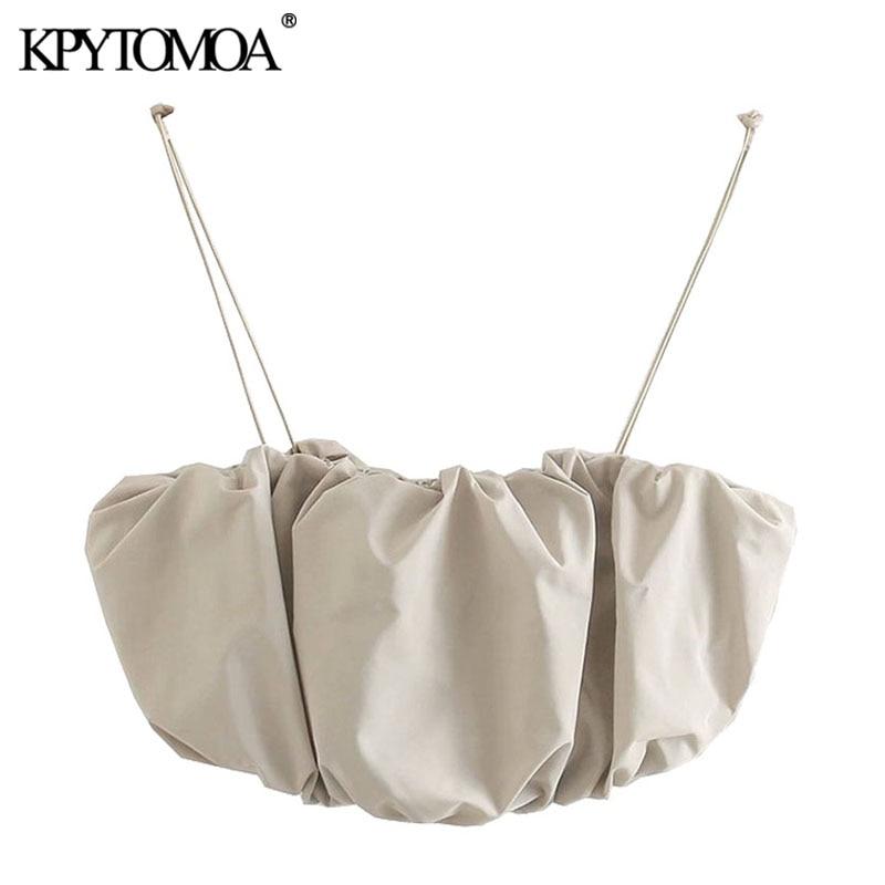 KPYTOMOA Women 2020 Sexy Fashion Pleated Cropped Blouses Vintage Backless Adjustable Thin Elastic Straps Female Shirts Chic Tops