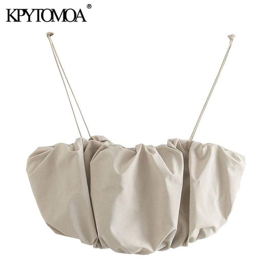 KPYTOMOA Women 2020 Sexy Fashion Pleated Cropped Blouses Vintage Backless Adjustable Thin Elastic Straps Female Shirts Chic Tops