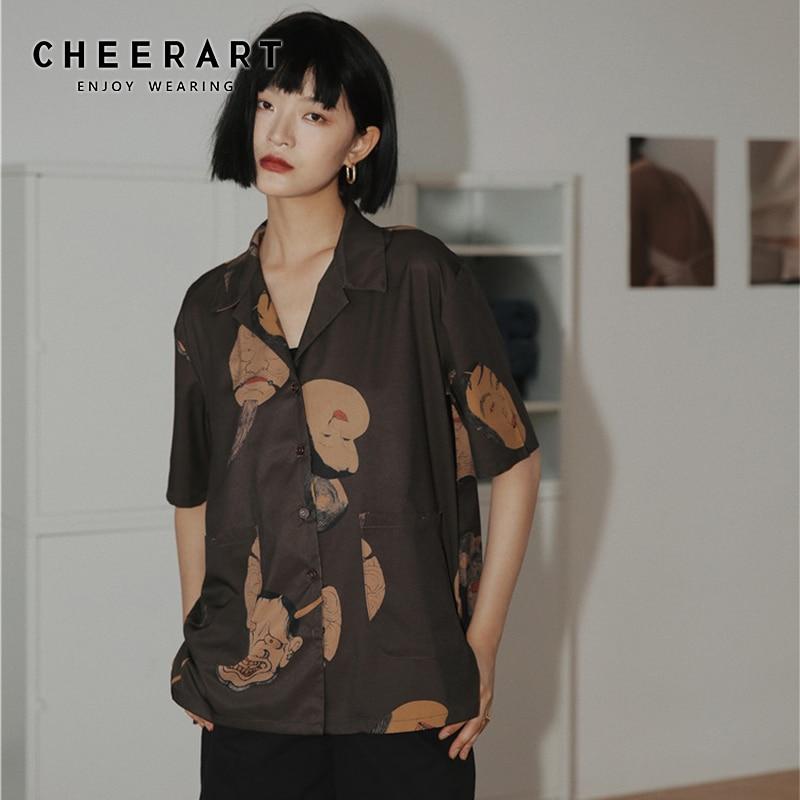 CHEERART Musashi Ukiyoe Japanese Streetwear Woman Blouses Shirts Short Sleeve Button Down Shirt Aesthetic Summer Top Clothes